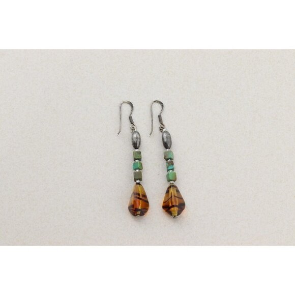 Sterling Silver Hematite, Turquoise and Amber Earrings Dangle Drop Earrings - Picture 4 of 7